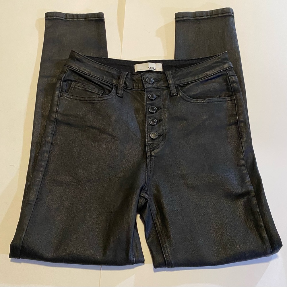 Vervet LA, black coated stretch jeans, button fly, SZ27, skinny jeans, G…